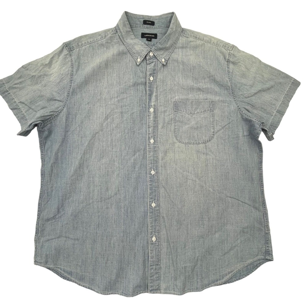 J. Crew Jean Shirt Mens 2XL Blue Denim Look Button Down Short Sleeve NWT - Picture 1 of 11